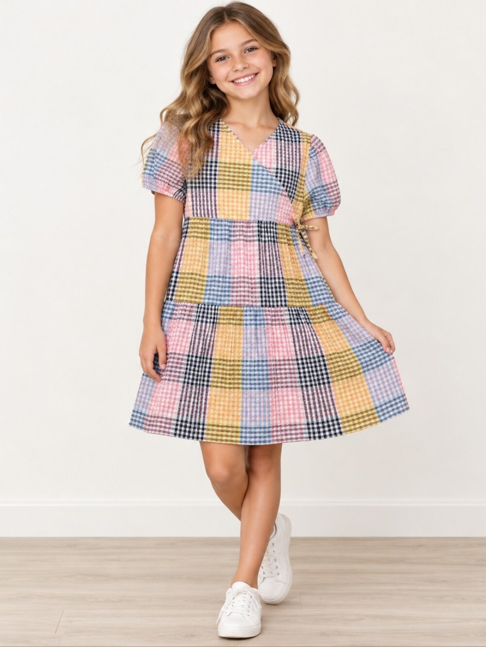 Free Assembly Girls Patchwork Gingham Faux Tie Dress Size L 10-12 Like New